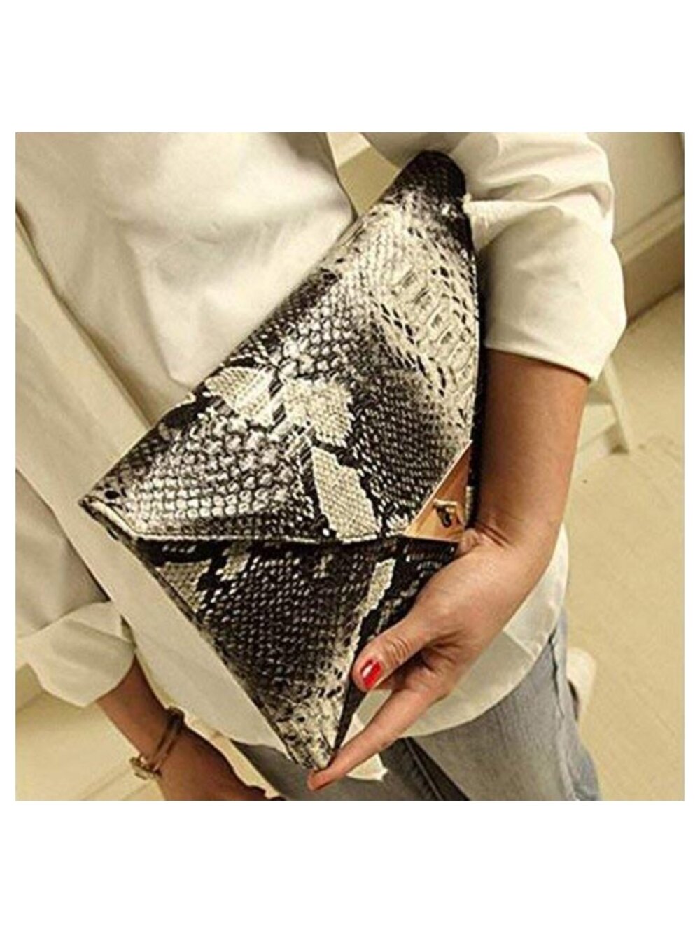 Snake Skin Envelope Clutch Purse PU Leather Evening Bag - Picture 2 of 6